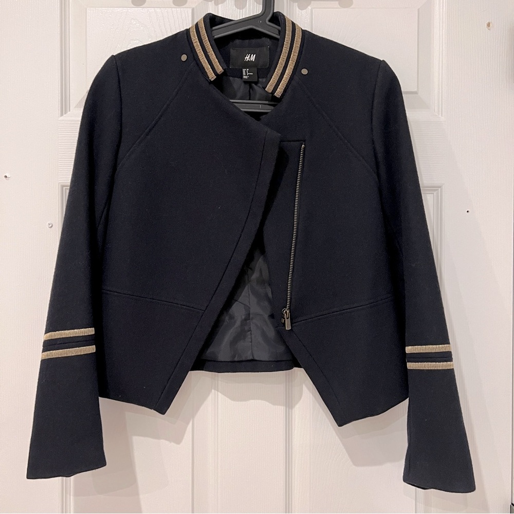 H&M Wool Military Jacket Navy Blue With Gold Detail